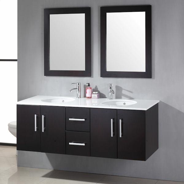 kúpeľňová skrinka-s-dvojitým umývadlom-dve-okrúhle-umývadlá-a-dve-obdĺžnikové-zrkadlá