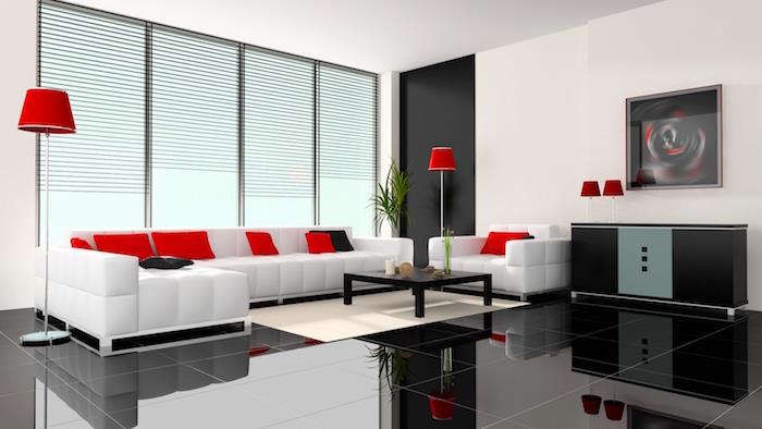 moderná obývačka triezva dekorácia luxusná sedačka biela červená čierna