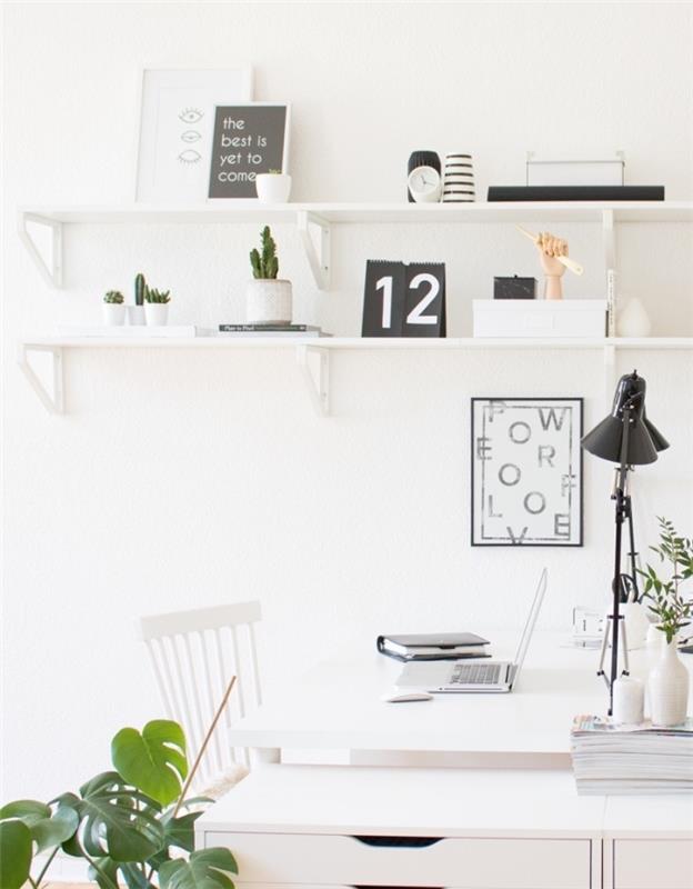 nápady na výzdobu kancelárie, lacné škandinávske dekorácie, biely stôl a stoličku, biele police s čiernobielymi dekoratívnymi doplnkami