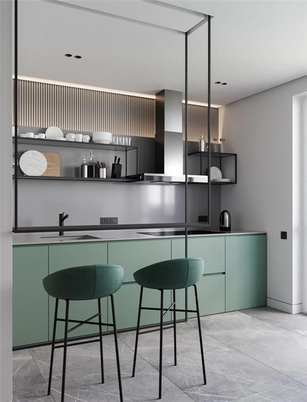 pastelovo zelené základné jednotky matný povrch luxusná kuchyňa sivá splashback otvorené skladovanie zčernalá kovová polica