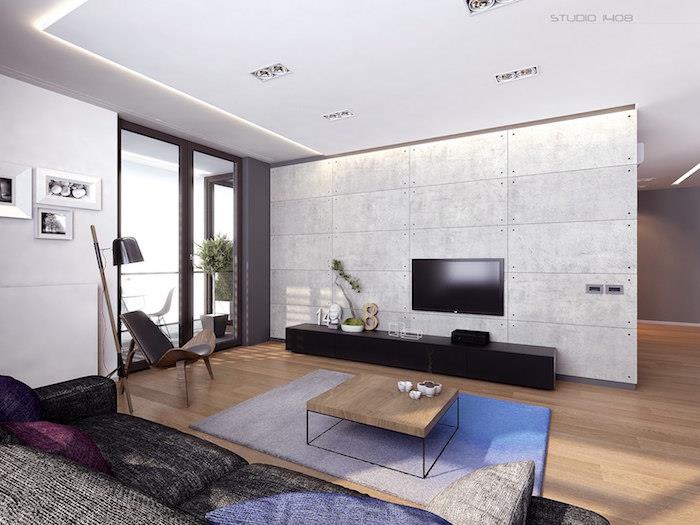 priemyselná dekorácia obývačky s minimalistickým dizajnom betónového efektu