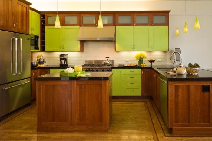 تصميم مطبخ على شكل حرف U مع جزيرة ، ونموذج مطبخ بجدران بيضاء مع أثاث خشبي بني وخزائن خضراء