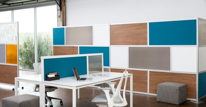 prispôsobte si nábytok, písací stôl s umeleckým nábytkom, biele stoly s malým rozdeľovačom priestoru v kačacej modrej farbe a bielom kovu