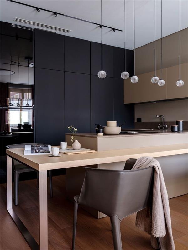 béžový vysoký nábytok, taupe, farba, splashback, kuchyňa v tvare L s centrálnym dizajnom ostrova, malá moderná kuchyňa, ostrovný jedálenský stôl