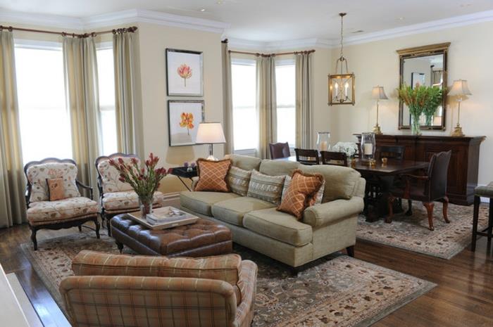 elegant målning, ljusgult vardagsrum målning dekoration, vintage vardagsrumsmöbler och matbord, två persiska mattor