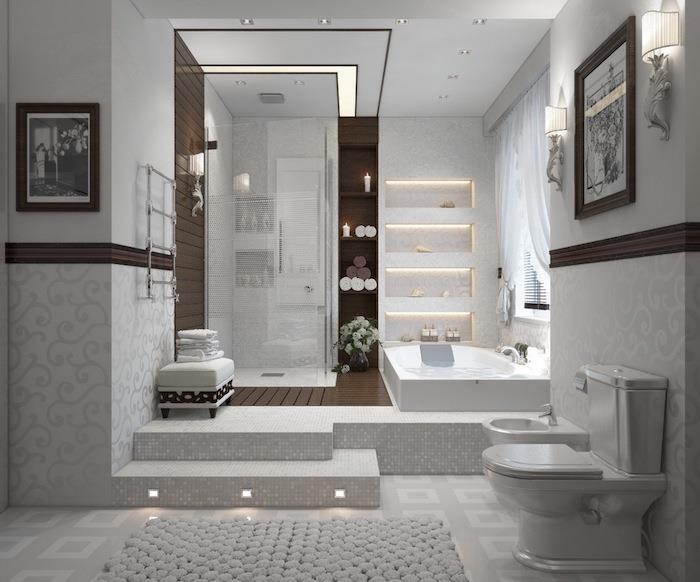 حمام مصمم ، صورة بيضاء وسوداء ، إضاءة ليد ، منشفة حمام بيضاء ، كابينة استحمام