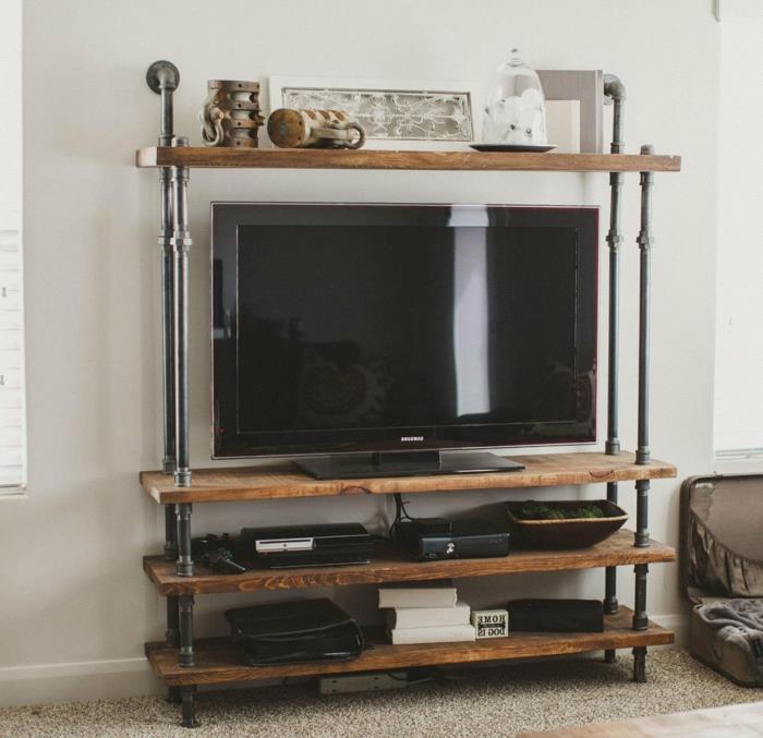 möbler i industriell stil-TV-skåp-på-trähylla