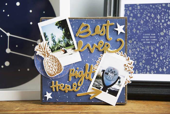 Omslag med foton och astralt diagram, stjärnor på mörkblå bakgrund, hur man gör en resedagbok, scrapbooking fotoalbum