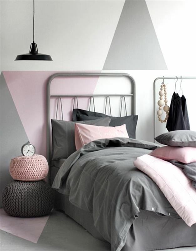 Moderný dom ružová a šedá spálňa Škandinávsky štýl prášok ružová sivá a biela farba nápad roztomilý dekor