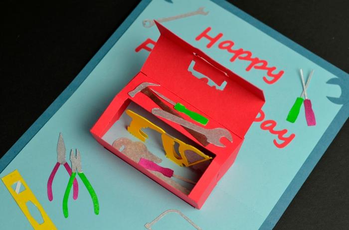 fars dag gåva idé att göra, enkel popup-kortmall, provkort med 3D verktygslåda