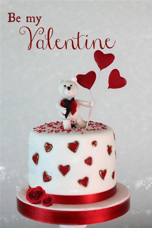 nápad, ako ozdobiť tortu na sviatok zamilovaných, príklad valentínskeho koláča so zaľúbeným medvedíkom
