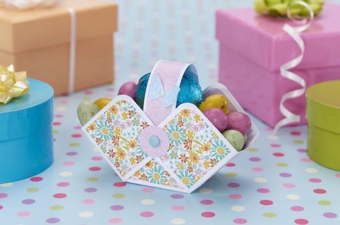 Kutilská Veľká noc s papierom, nápad vyrobiť papierový košík na scrapbooking s ozdobou z mini motýľa a perly