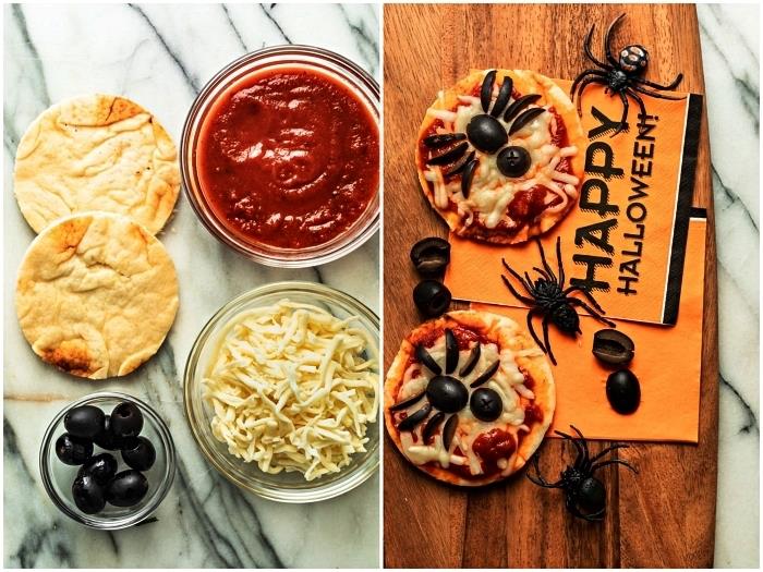 halloweenska pizza so syrom a paradajkami, mini pavúkové pizze na halloweensky aperitív