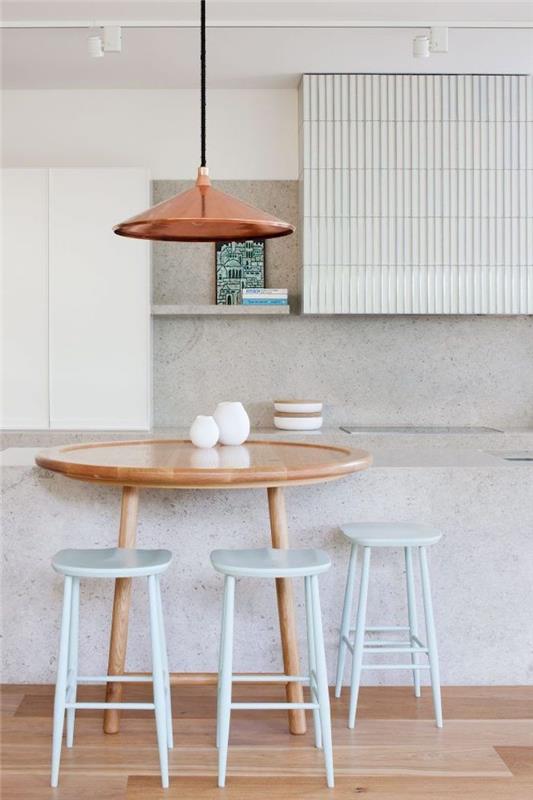Nápady na okrúhly drevený stôl do kuchyne, akú farbu interiéru kuchynskej steny moderný medený luster