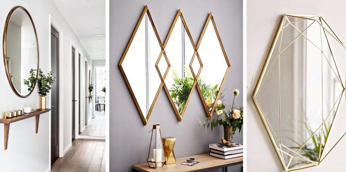 príklady zrkadiel s moderným geometrickým dizajnom z medi a zlata na stenách z bielych taupe a béžových odtieňov