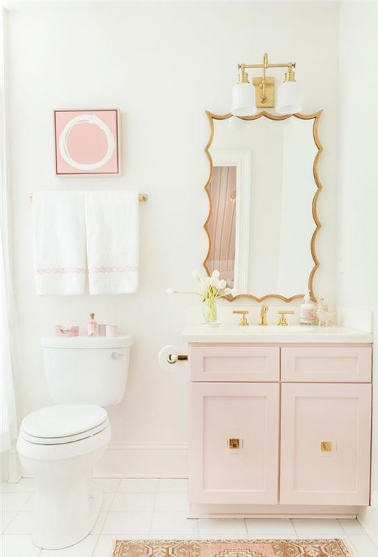 toaletné usporiadanie v bielej a pastelovo ružovej farbe so zlatými akcentmi, model toaletného stolíka v ružovej farbe so zlatými úchytkami