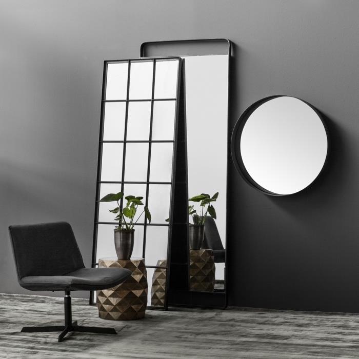 val av tillbehör för en stilren layout i mörkgrå med runda och rektangulära speglar i mattgrå ram