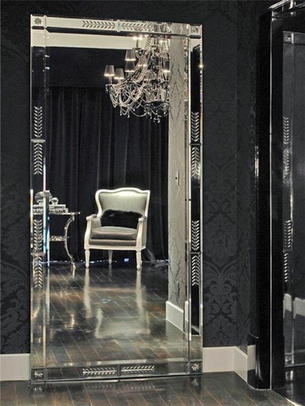 storformat-spegel-grå-svart-chic-modern-ljuskrona-stol