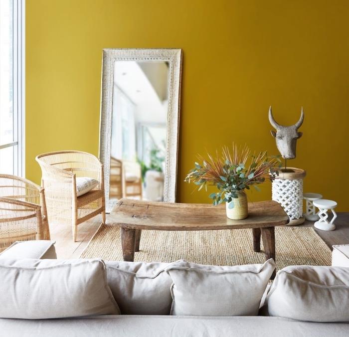 predstavte si, akú farbu pre teplú a svetlú obývaciu izbu, izbu s horčicovo žltými stenami a nábytkom zo svetlého dreva