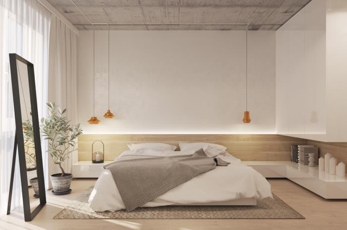 designer sovrum med dubbelsäng och moderna sovrumsmöbler utan handtag, neutrala färger för inredningen av det intima rummet