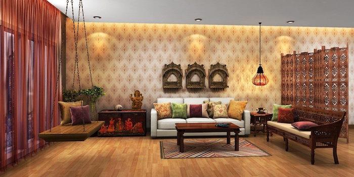 vardagsrum med exotisk chic indisk dekoration, hängande träbänk inomhus, exempel på etnisk dekoration från Indien