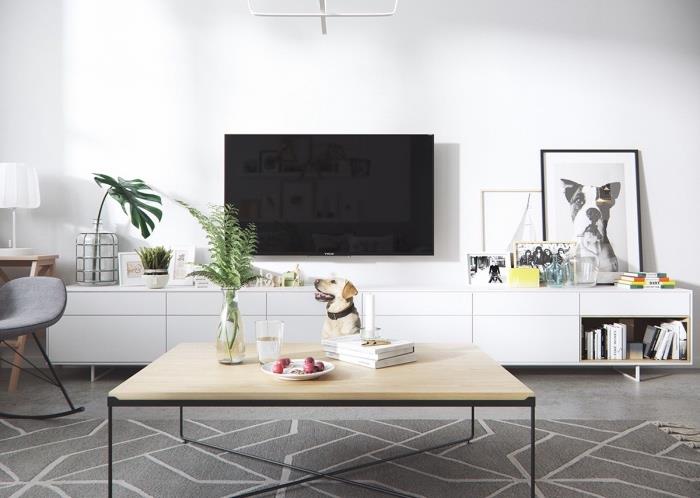 obývacia izba so škandinávskym nábytkom, drevený a kovový konferenčný stolík, biela televízna skrinka s úložným priestorom, niekoľko malých dekoratívnych drobností, zelené rastliny