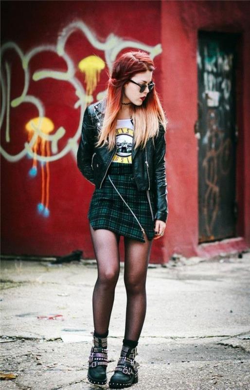mode-grunge-pläd-kjol-svart-dubbade-fotled stövlar