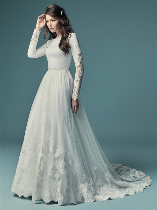 فستان زفاف عصري 2019 ، موديل فستان ابيض بتصميم الاميرة بحزام رفيع واكمام مطرزة