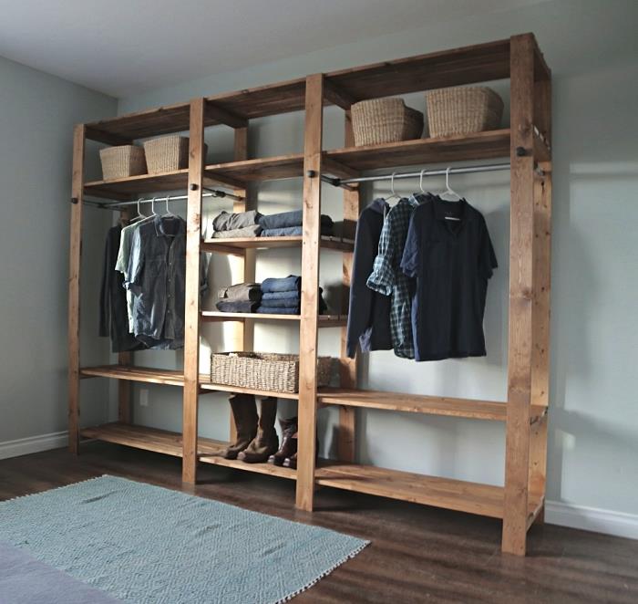 خزانة ملابس خشبية مفتوحة لغرفة النوم ، خزانة خشبية لتخزين الملابس مع أرفف وقضبان