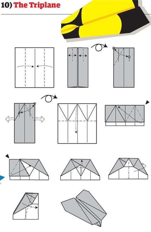 ako vytvoriť ľahké papierové lietadlo s originálnym dizajnom, skladací diagram trojplošníka