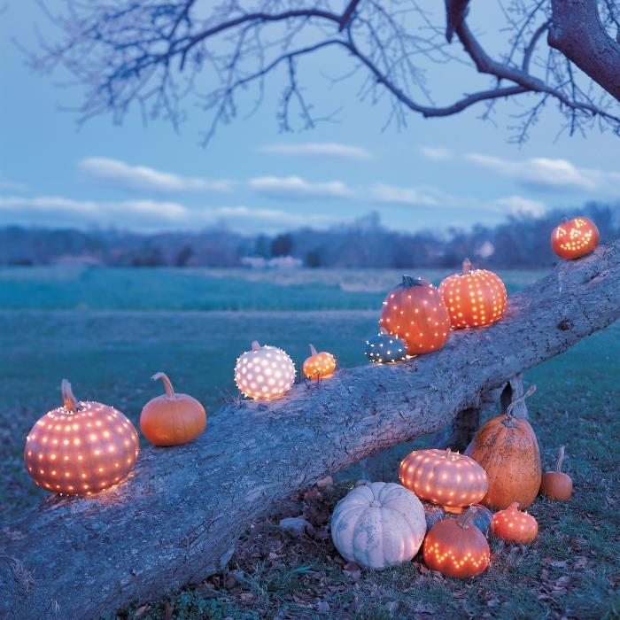 utomhusutsmyckning för halloween med flera modeller av ljusorange pumpor