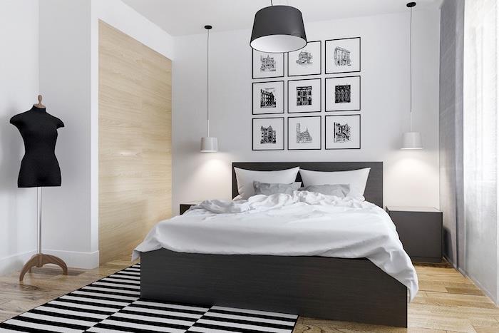 sivá a biela spálňa, svetlé parkety, drevená posteľ so sivobielym ľanom, grafické úpravy nástenných dekorácií, čiernobiely pruhovaný koberec