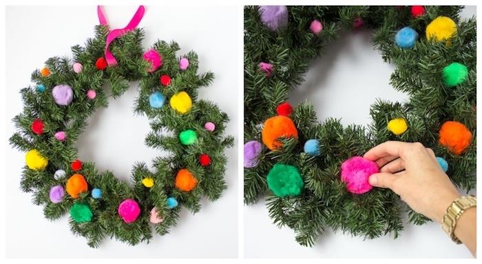 vyrobte si svoj vlastný vianočný veniec z konárov antickej borovice a farebných pomponov, nápad na vianočnú domácu dekoráciu