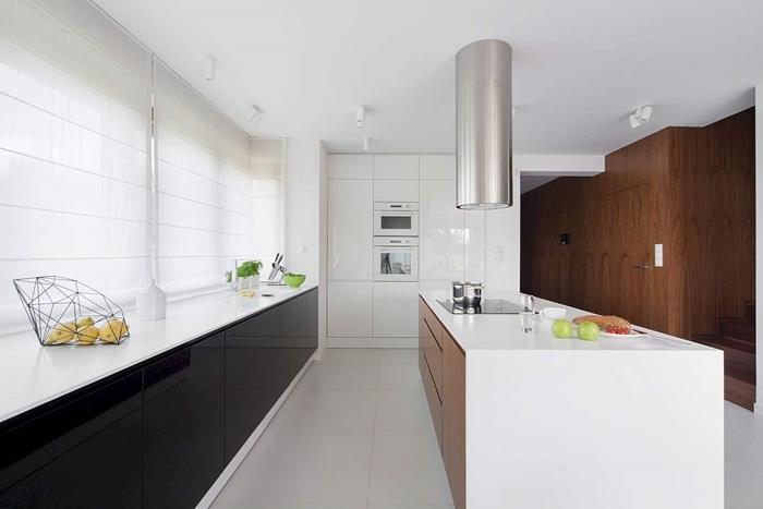 moderné kuchynské modely minimalistické štýlové biele dosky čierne základné jednotky sklenený efekt