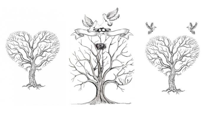 كيفية رسم شجرة بصمة فارغة بفروع على شكل قلب وزوجين من الطيور في الحب