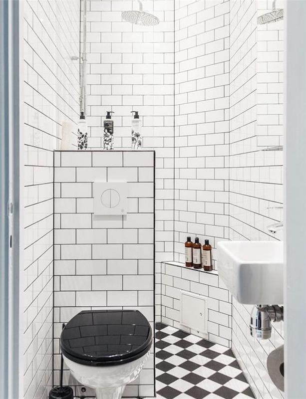 napríklad pre malú kúpeľňu s bielymi obkladmi, čiernobielou toaletou a károvanou dlažbou, sprchou a umývadlom