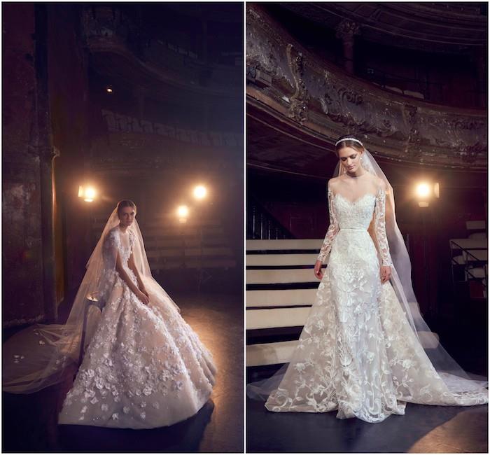 مثال على فستان زفاف الأميرة من تصميم إيلي صعب ، التنانير الواسعة بالزهور وغيرها من الزخارف المطرزة
