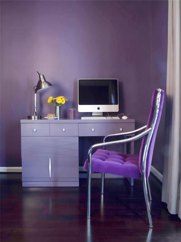 moderný model dekorácie kancelárie, purpurová nástenná maľba, fialový nábytok
