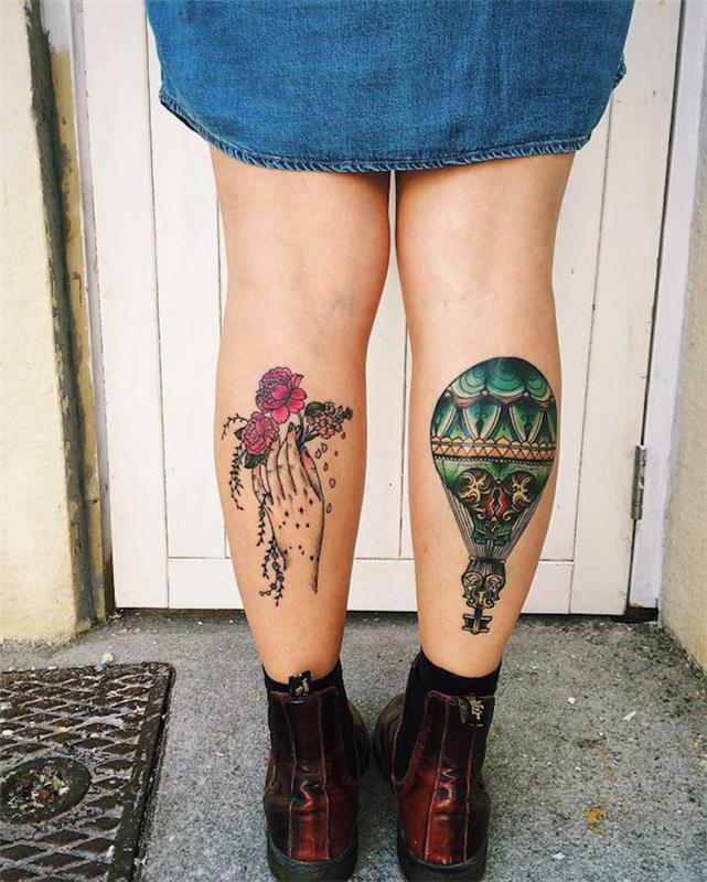 lýtkové tetovanie žena lýtka model tetovanie teplovzdušný balón nohy