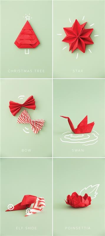 jednoduchá technika skladania papierových obrúskov, origami figúrky na výrobu originálnej a jednoduchej dekorácie na vianočný stôl