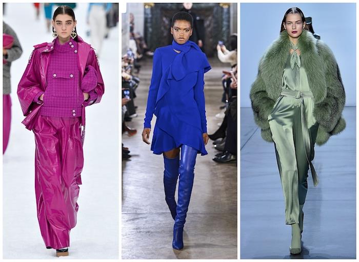 صور جنبًا إلى جنب لثلاثة أزياء مختلفة ، اتجاهات خريف وشتاء 2019 2020 ، ملابس باللونين الوردي والأزرق والأخضر ، ترتديها عارضات الأزياء على المدرج