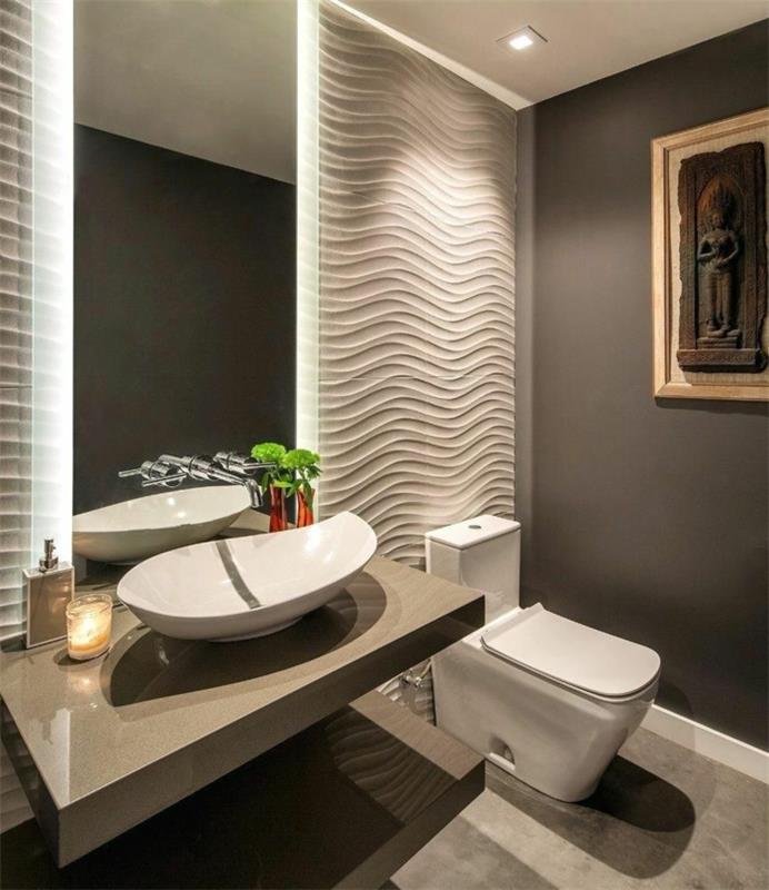 moderné toaletné príslušenstvo, antracitovo sivá farba na WC, dekoratívny panel, taupe a sivý interiér