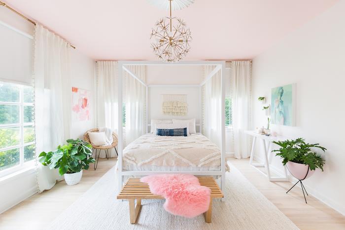Najkrajšia biela a sivá spálňová prášková ružová farba moderného dizajnu roztomilá spálňa