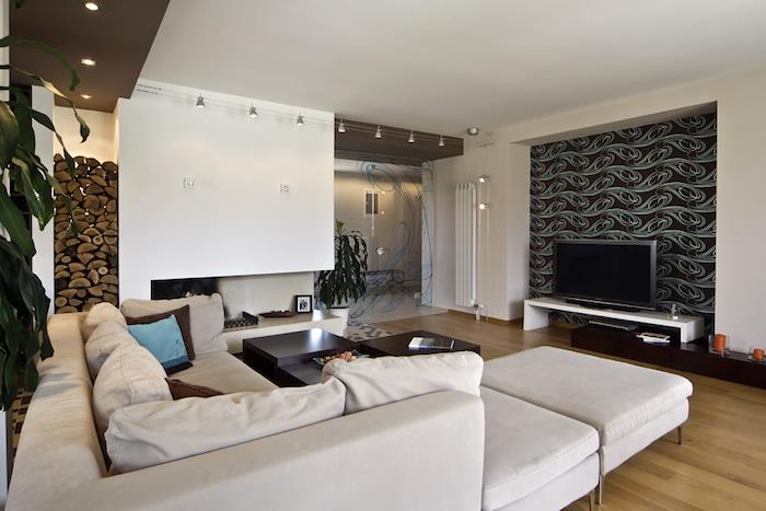 obývacia izba s moderným a triezvym dekorom s nálepkami na stenách
