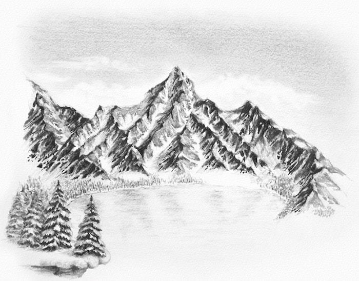 Snöiga berg, frusen sjöbergeteckning, snöteckning, papper och penna ritning lätt att göra och vacker, landskapsteckning