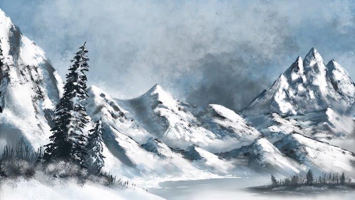 Snö och bergsteckning, hur man ritar snöigt landskap med berg och sjö själv