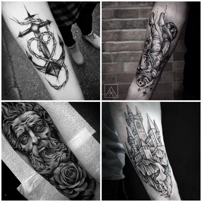 Symboliska grafiska tatueringar för människans underarm, ankare, porträtt, kosmonautskelett och slott
