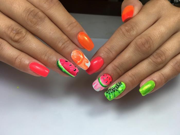 vattenmelonmanikyr, apelsin, kiwi, naglar dekorerade i neonfärger, ballerina naglar