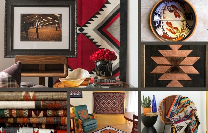 rozloženie obývačky s motívmi Navajo, príklad moderného a klasického interiéru s kmeňovými dekoratívnymi predmetmi