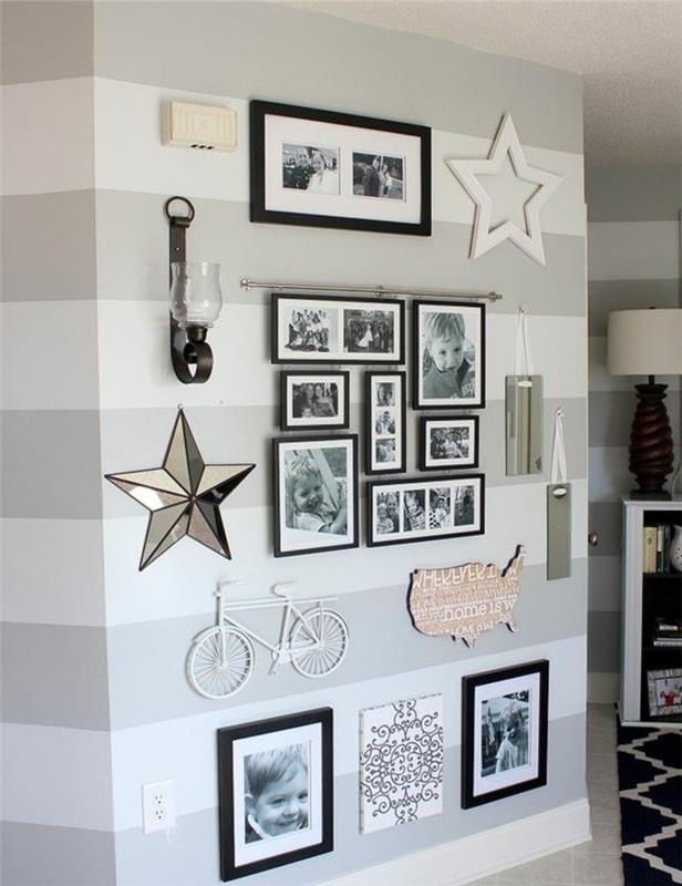 vit cykel som hänger på väggen, dekorativ stjärna, vit cykel, inramade foton